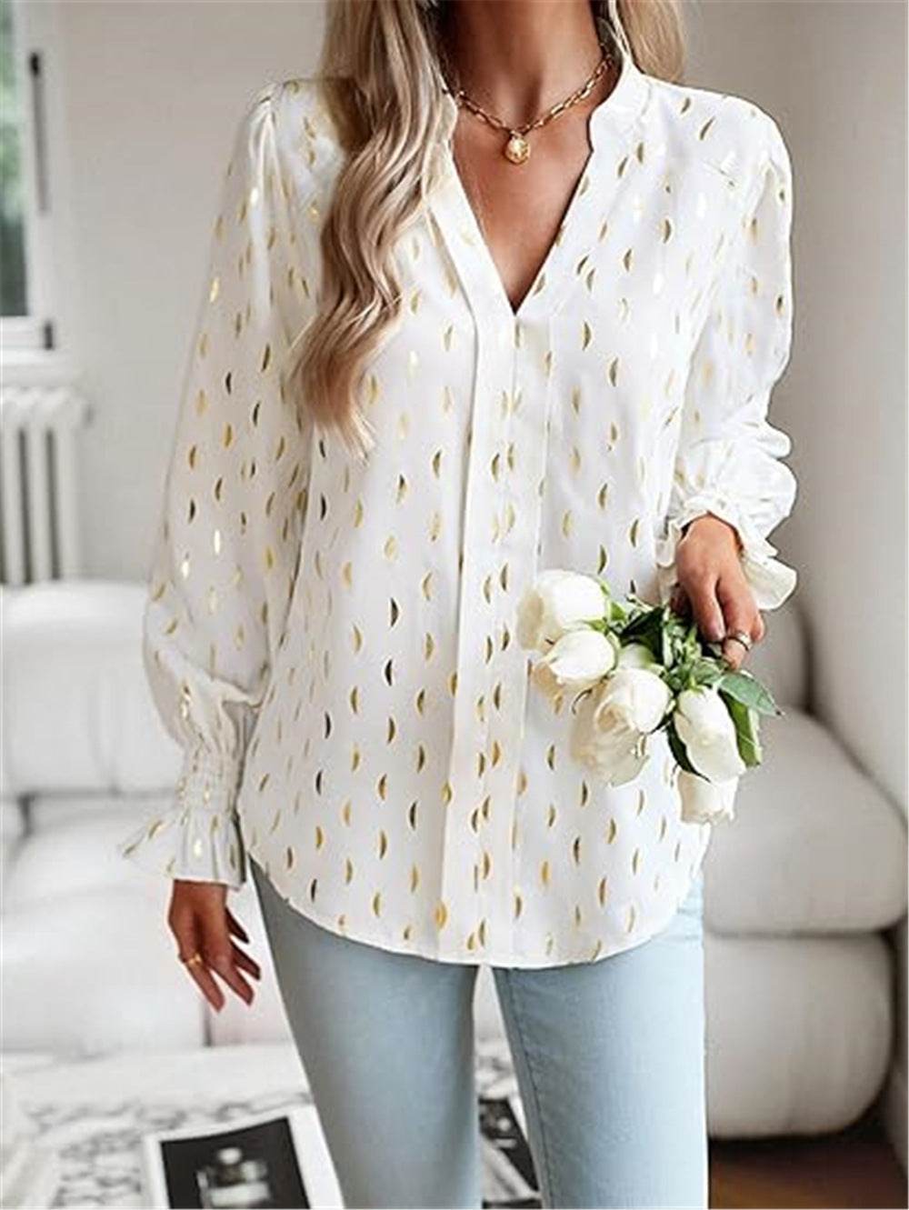Ladies Bubble Long Sleeve Bronzing Blouse ladys shirt Distinguished Fine Apparel White L