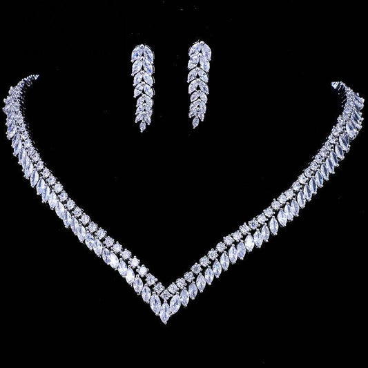 Zircon Leaf Necklace & Earrings Set – Elegant Nature-Inspired Bridal Jewelry jewelry set Distinguished Fine Apparel