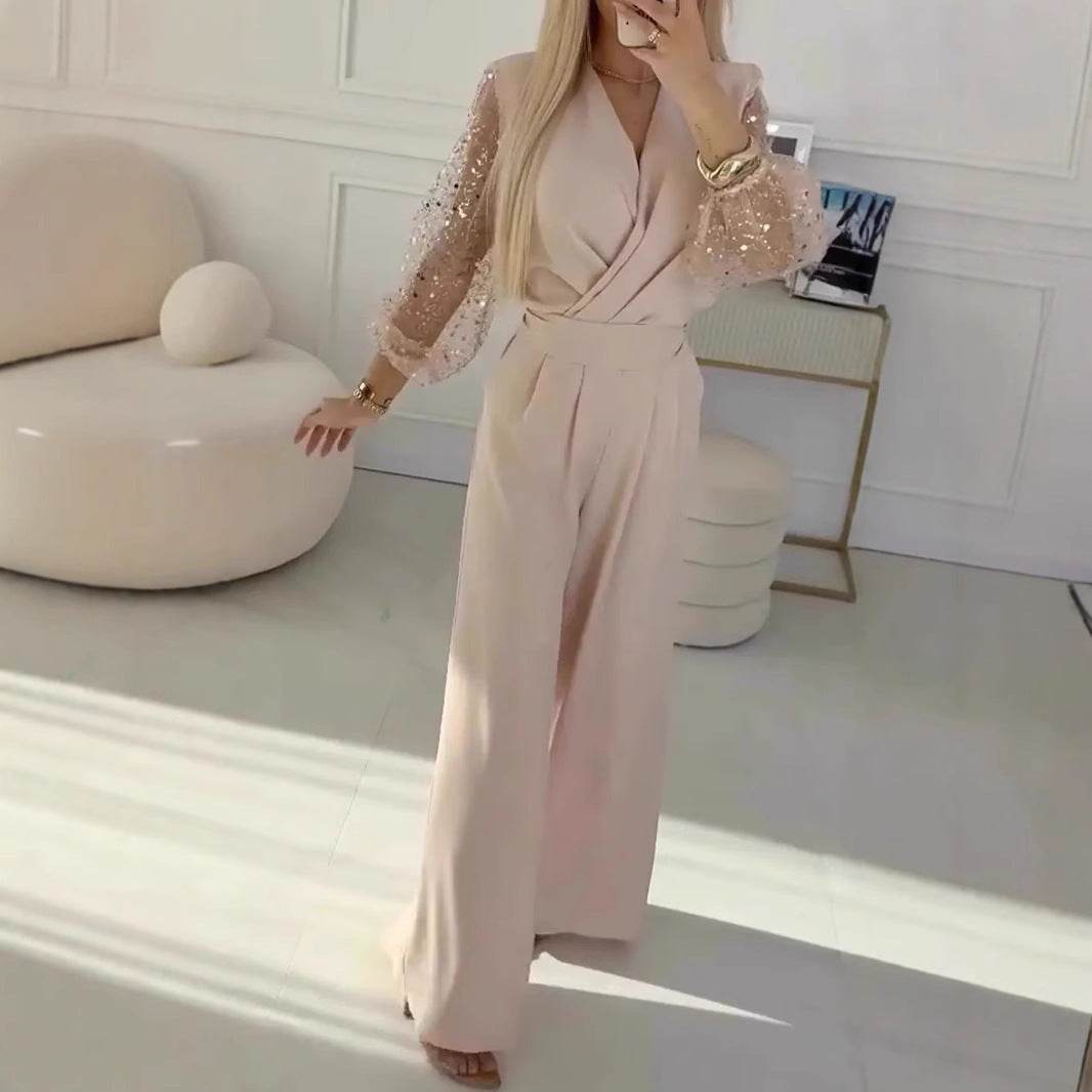 Sequined Top Wide Leg Pants Casual Suit for Women's Elegant Look ladys suit Distinguished Fine Apparel