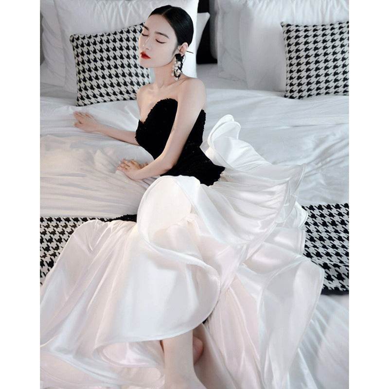 Sophisticated ladies Black and White Evening Gown - Opulent Elegance black white gown Distinguished Fine Apparel