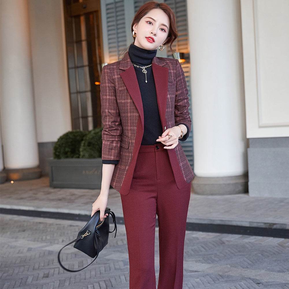 Women's Temperament Lattice Two-piece Suit - Business and Casual ladys suit Distinguished Fine Apparel Wine Red S