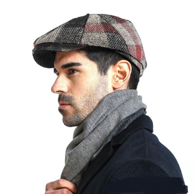 European And American Style Pattern Octagonal Cap mens hats Distinguished Fine Apparel Reddish Gray Plaid M L