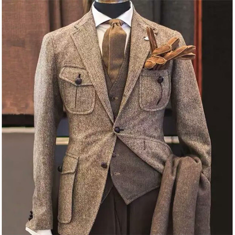 Men's Casual Three Piece Suit mens suit Distinguished Fine Apparel Brown XS