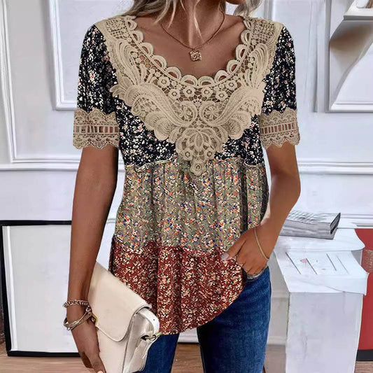 Women's Garden Collar Printed Short-sleeved Top ladys tops Distinguished Fine Apparel