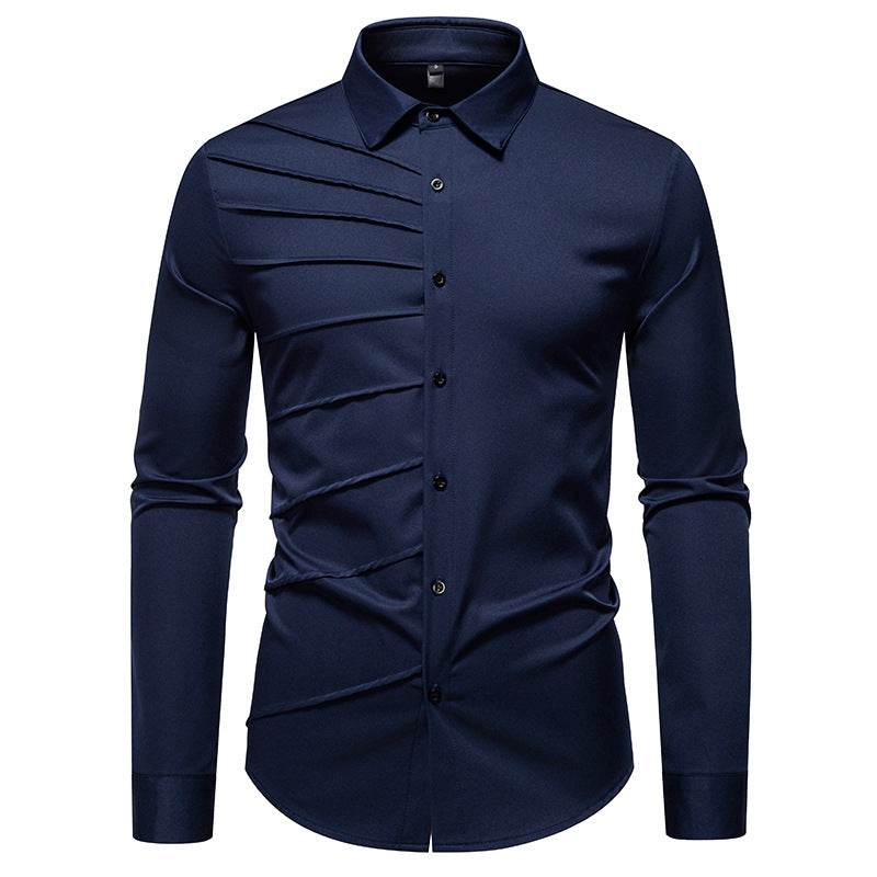 Men's Pleated Design Casual Long sleeved Shirt mens shirt Distinguished Fine Apparel Navy Blue S