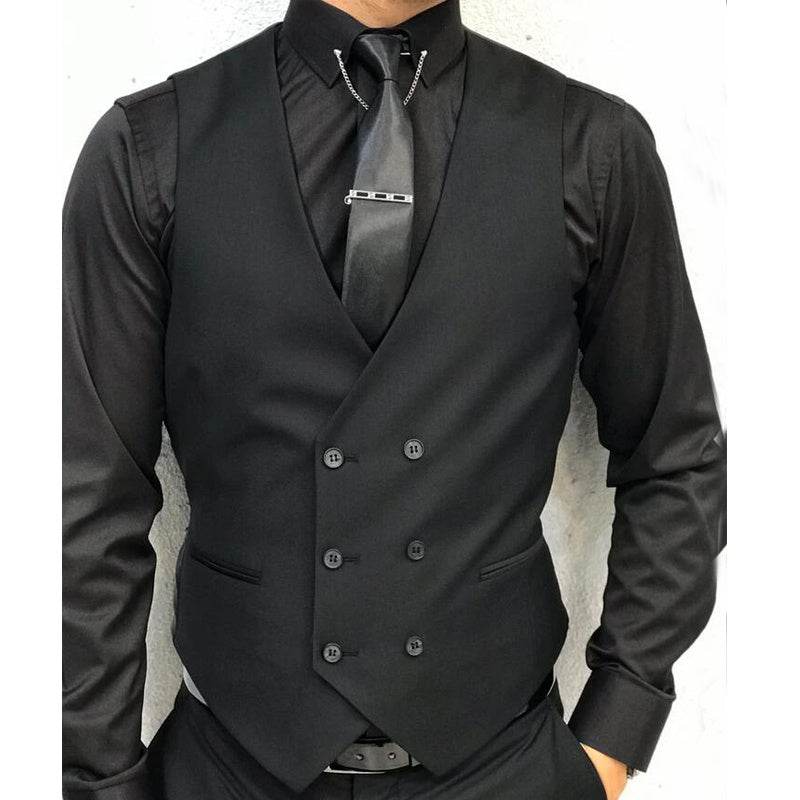 Black Formal Men's Vest Double Breasted V Neck One Piece gents vest Distinguished Fine Apparel Black XS