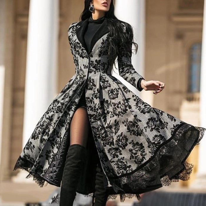 Women's Long Coat with Lace Paneling for Autumn and Winter womens coat Distinguished Fine Apparel