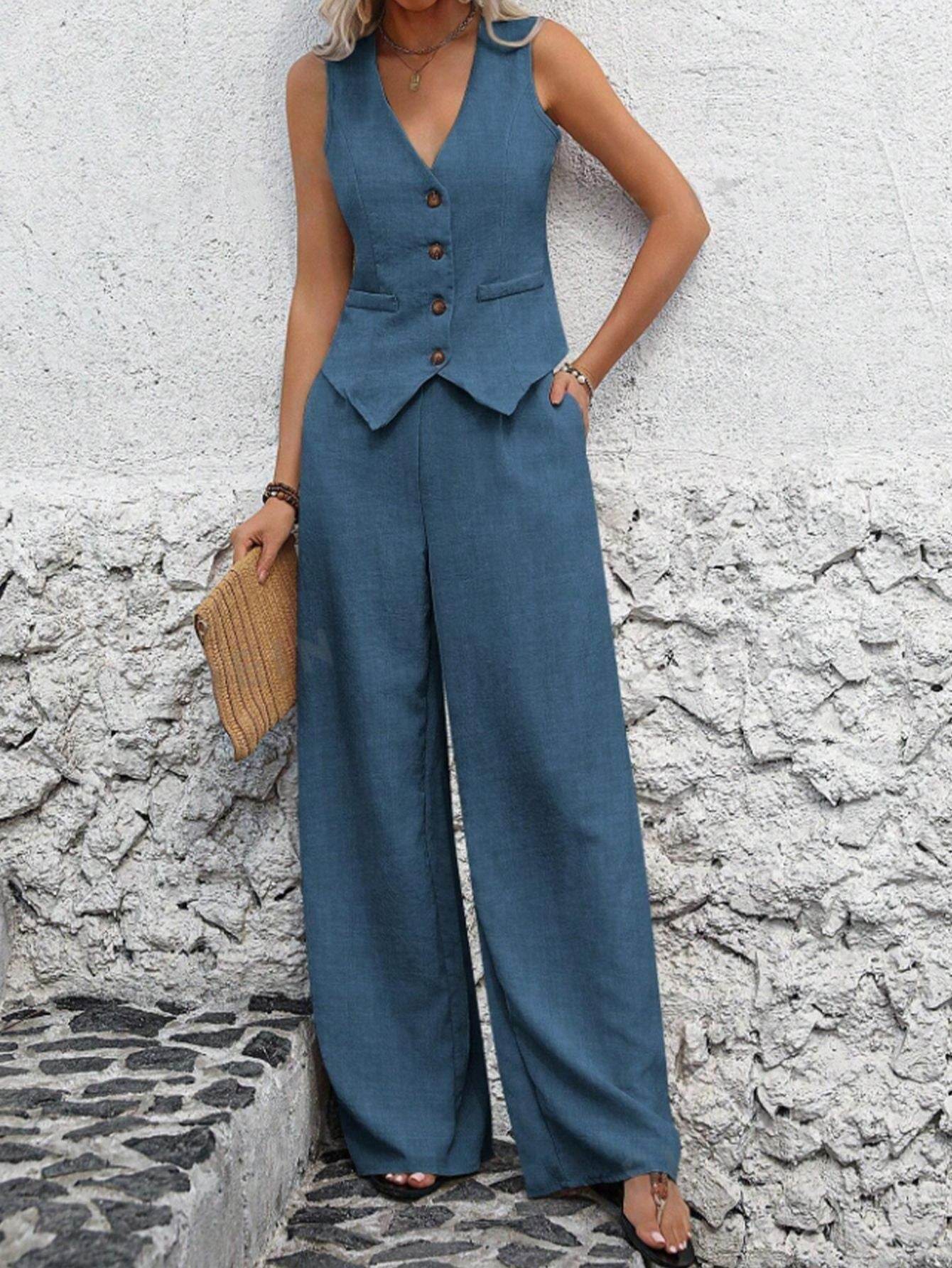 Women's Casual Suit - Vest and Pants - Business Style ladys suit Distinguished Fine Apparel Blue 2XL