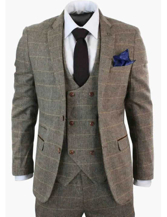German-style Gentleman's Three-piece Plaid Suit mens suit Distinguished Fine Apparel Light Brown XS