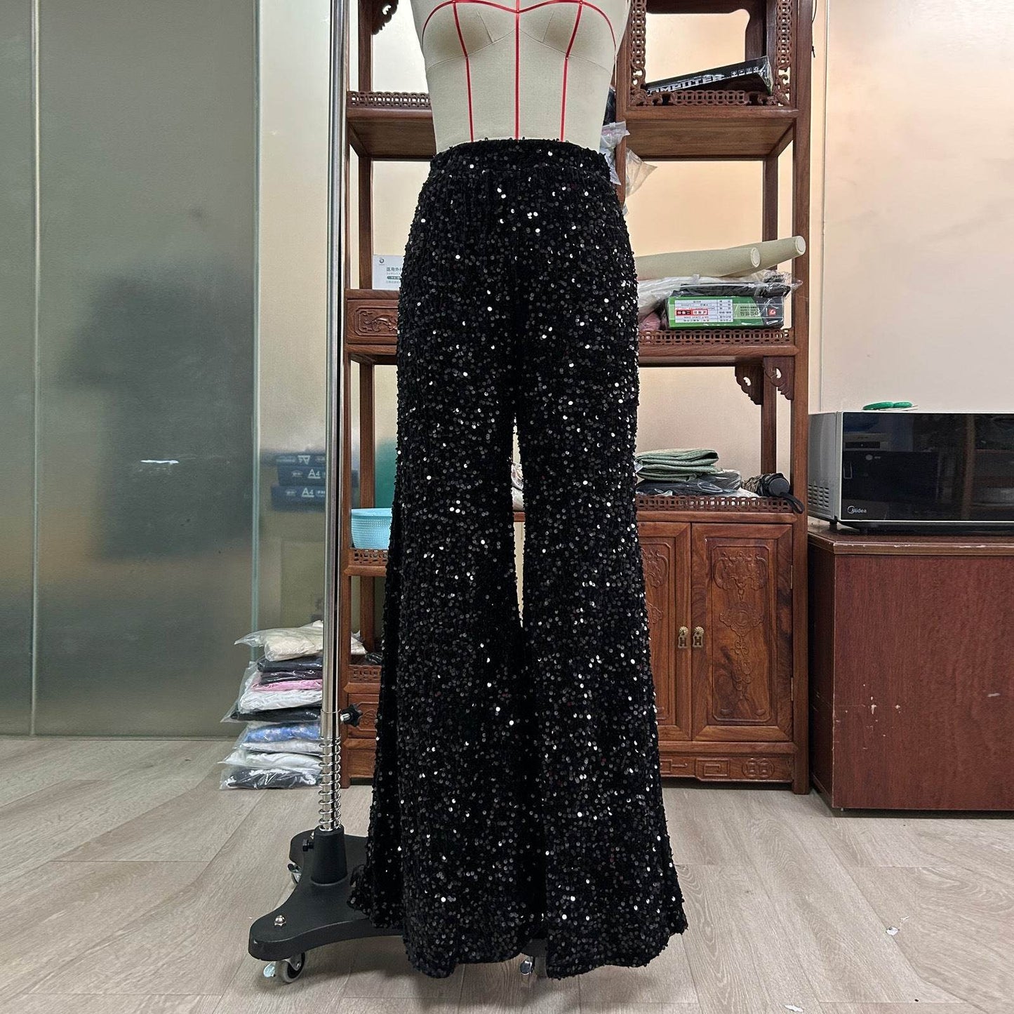 European And American Pure Sequins Fashion Pants for Women - Ladies Casual Wide-leg Pants ladys pants Distinguished Fine Apparel Black S