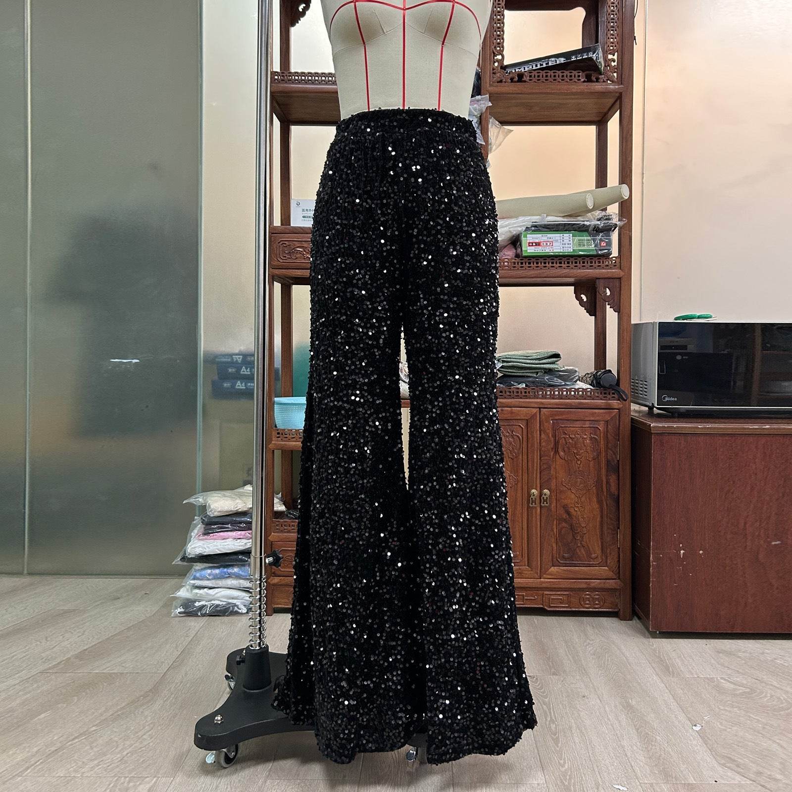 European And American Pure Sequins Fashion Pants for Women - Ladies Casual Wide-leg Pants ladys pants Distinguished Fine Apparel Black S