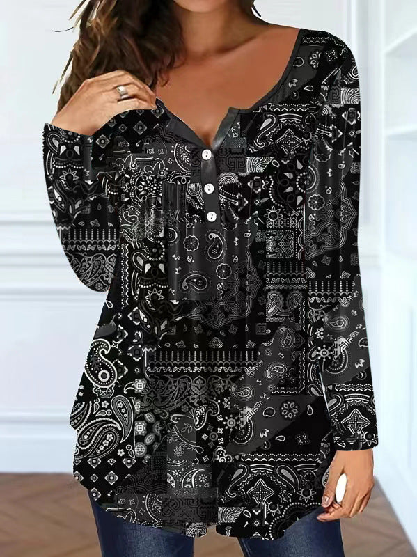 Loose-fit Buttoned V-neck Womens shirt womens shirt Distinguished Fine Apparel Black 1XL