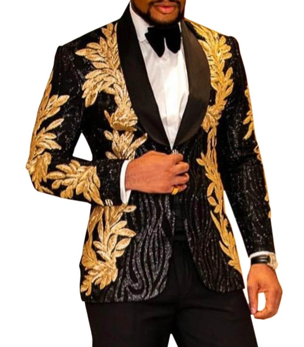 Men’s Gold Sequin Appliqué Suit Jacket – Bold Style, Spotlight Ready gents suit Distinguished Fine Apparel