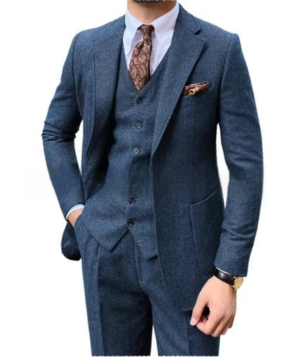 Men's Herringbone Single-breasted Casual Slim Suit mens suit Distinguished Fine Apparel Light Navy 2XS