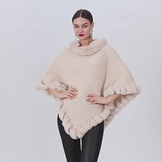 Women's Shawl Cape Luxury Rabbit Fur Collar - Graceful Cloak Outerwear lady's shawl Distinguished Fine Apparel
