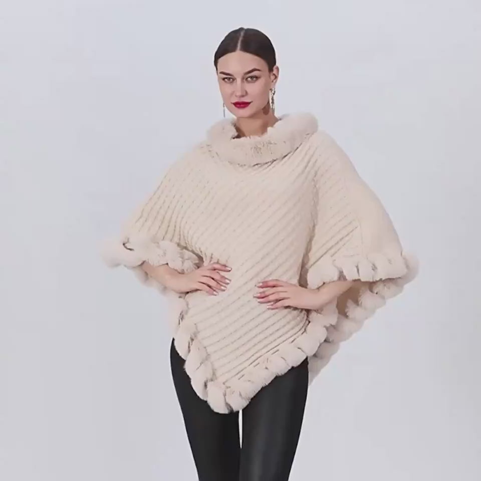 Women's Shawl Cape Luxury Rabbit Fur Collar - Graceful Cloak Outerwear lady's shawl Distinguished Fine Apparel